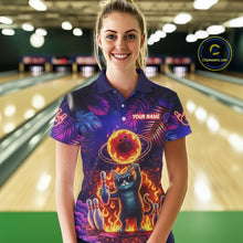 Load image into Gallery viewer, Custom Funny Cat Flame Bowling Shirt For Women, Personalized Tropical Bowling Jersey Polo &amp; 1/4 Zip TDM6454
