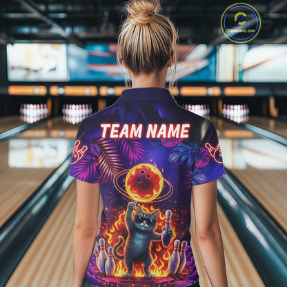 Custom Funny Cat Flame Bowling Shirt For Women, Personalized Tropical Bowling Jersey Polo & 1/4 Zip TDM6454
