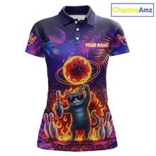 Load image into Gallery viewer, Custom Funny Cat Flame Bowling Shirt For Women, Personalized Tropical Bowling Jersey Polo &amp; 1/4 Zip TDM6454