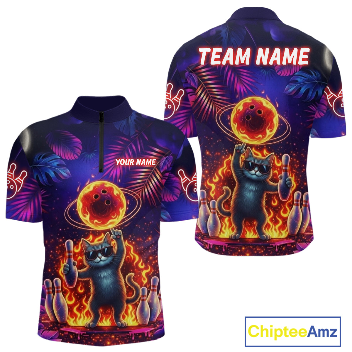 Custom Funny Cat Flame Bowling Shirt For Men, Personalized Tropical Bowling Jersey Polo & 1/4 Zip TDM6454