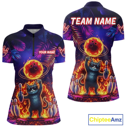 Custom Funny Cat Flame Bowling Shirt For Women, Personalized Tropical Bowling Jersey Polo & 1/4 Zip TDM6454