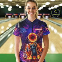 Load image into Gallery viewer, Custom Funny Cat Flame Bowling Shirt For Women, Personalized Tropical Bowling Jersey Polo &amp; 1/4 Zip TDM6454