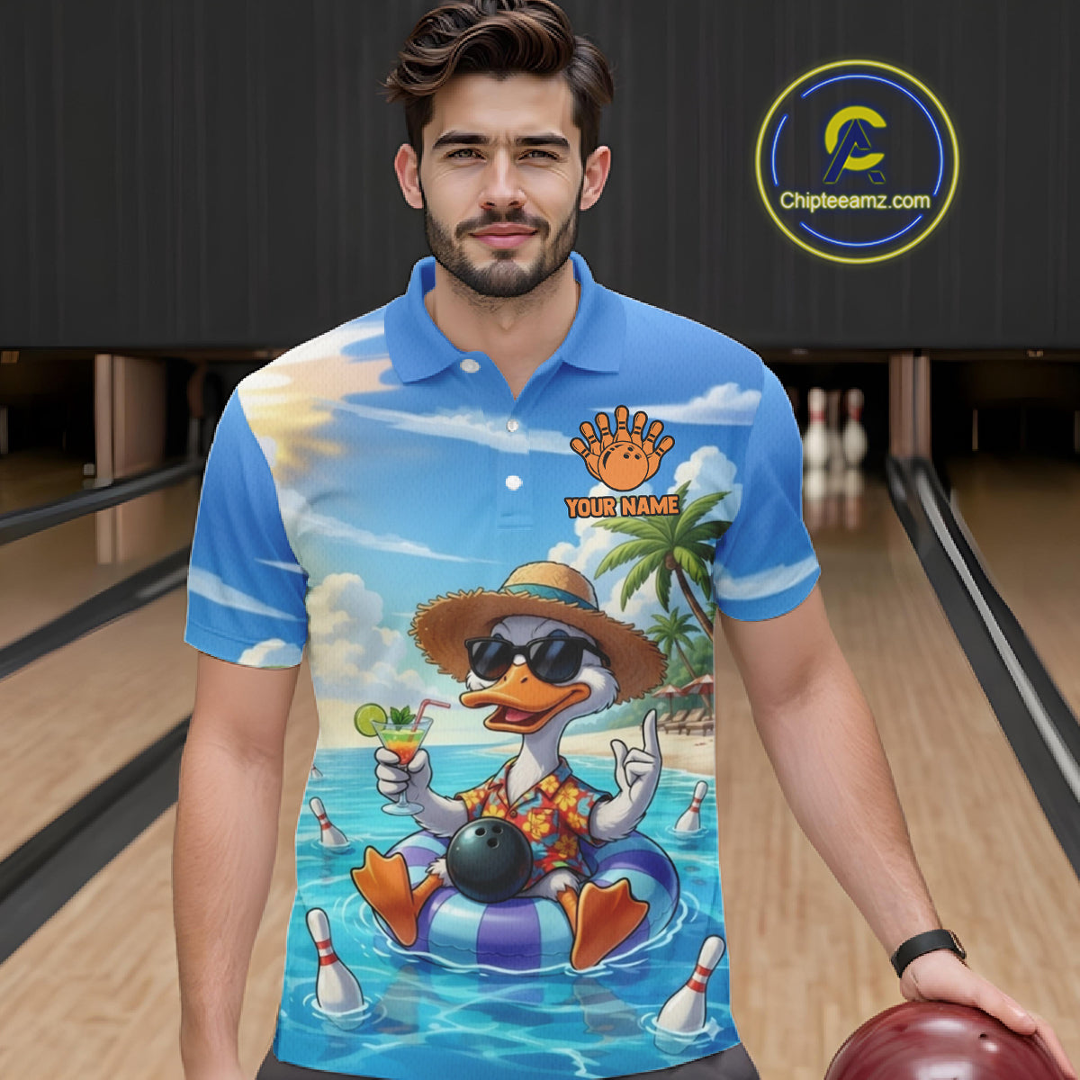 Funny Duck Bowling Jersey For Men Custom Tropical Beach Bowling Shirt Team Polo & Quarter Zip TDM6459