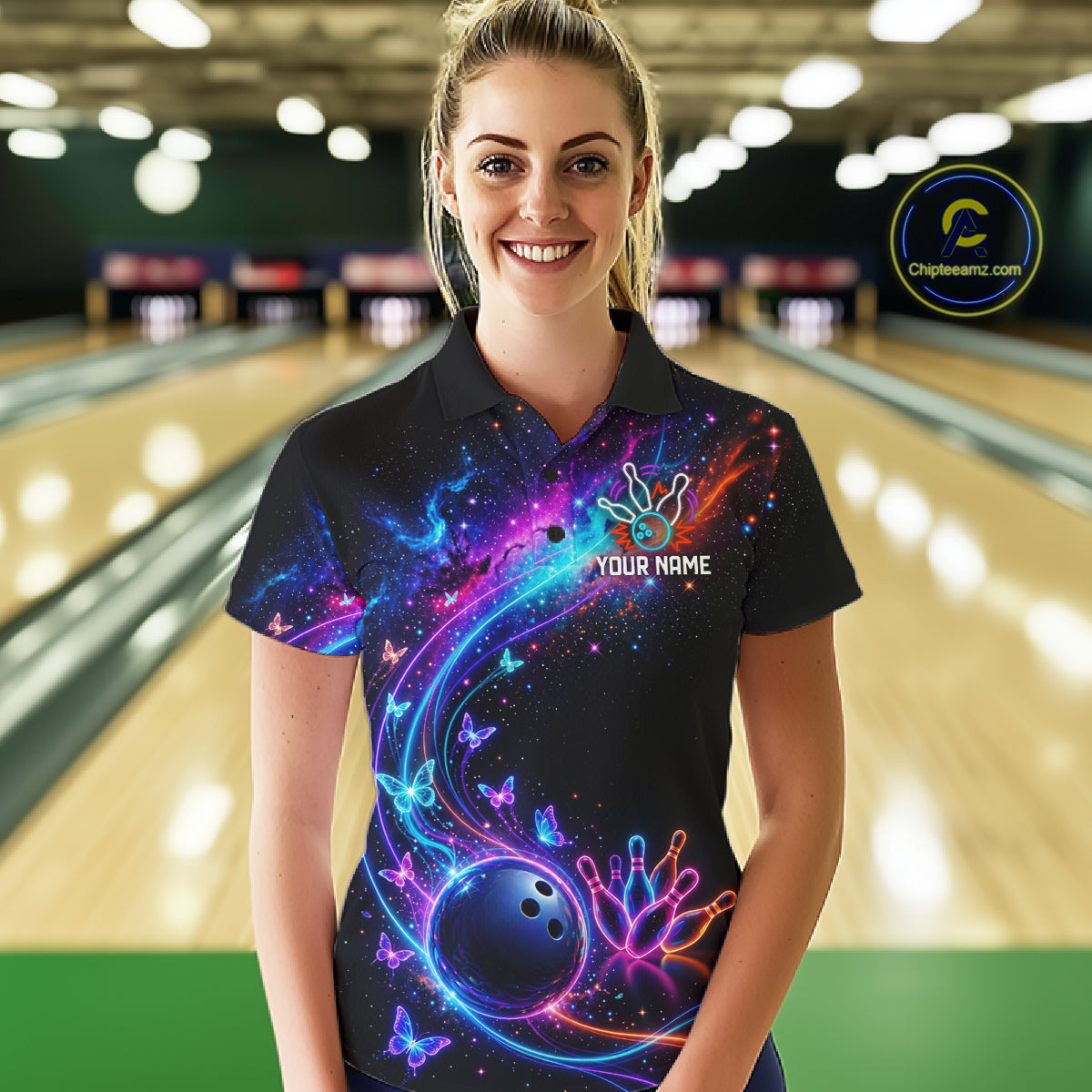 Personalized Galaxy Butterfly Bowling Shirt For Women Custom Bowling Jersey Team Polo & 1/4 Zip TDM6463