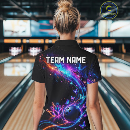 Personalized Galaxy Butterfly Bowling Shirt For Women Custom Bowling Jersey Team Polo & 1/4 Zip TDM6463