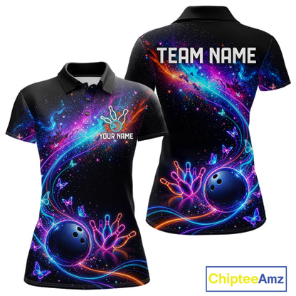 Personalized Galaxy Butterfly Bowling Shirt For Women Custom Bowling Jersey Team Polo & 1/4 Zip TDM6463