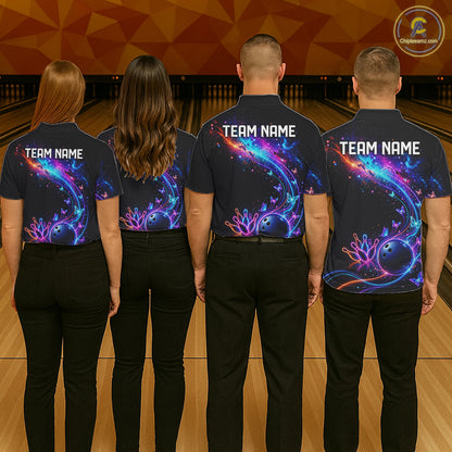 Personalized Galaxy Butterfly Bowling Shirt For Women Custom Bowling Jersey Team Polo & 1/4 Zip TDM6463