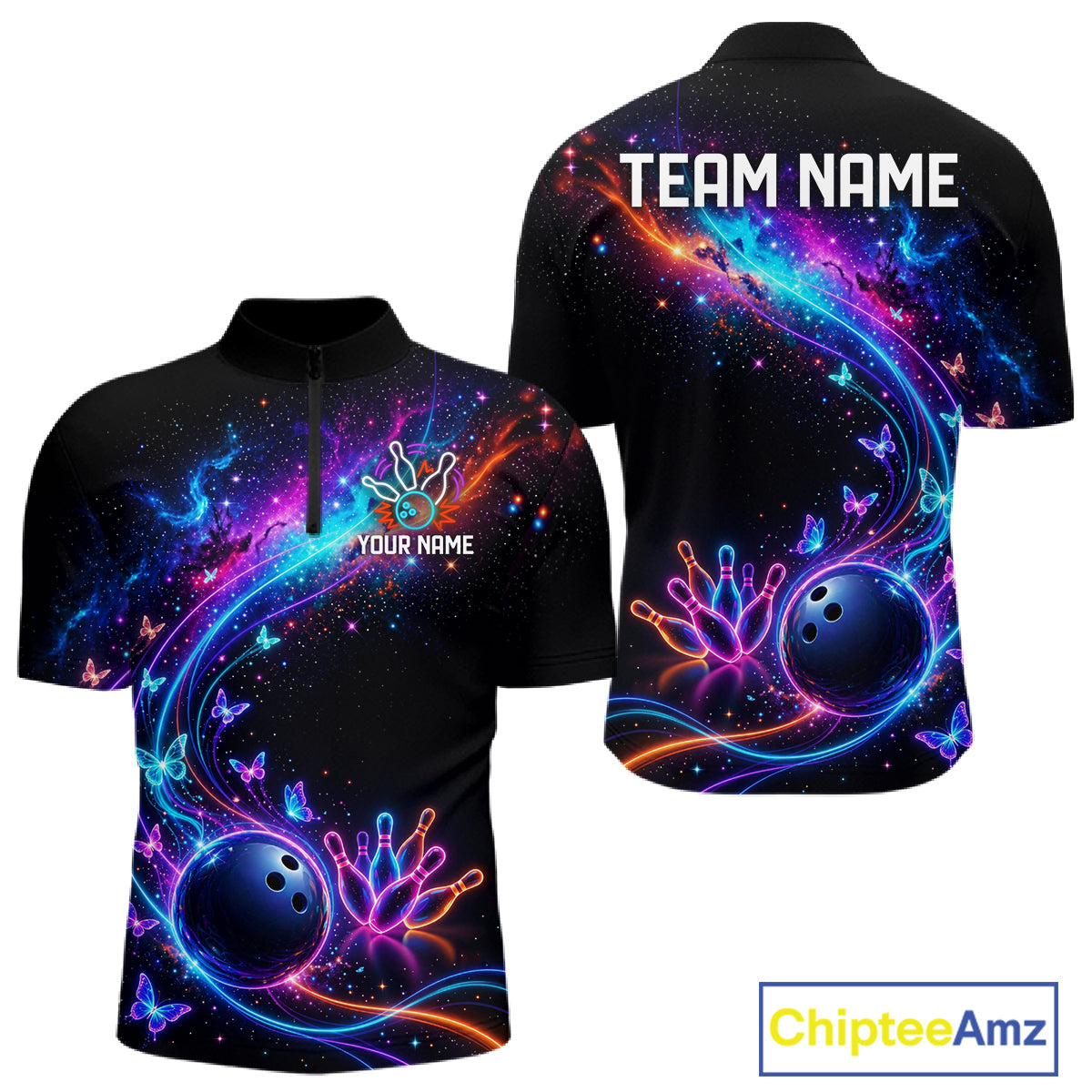 Personalized Galaxy Butterfly Bowling Shirt For Men Custom Bowling Jersey Team Polo & 1/4 Zip TDM6463