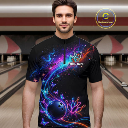 Personalized Galaxy Butterfly Bowling Shirt For Men Custom Bowling Jersey Team Polo & 1/4 Zip TDM6463