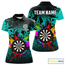 Load image into Gallery viewer, Turquoise darts polo shirt for women with dartboard design and bright team aesthetic.