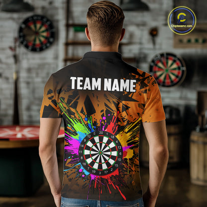 Back view of man wearing an orange colorful darts jersey inside a darts arena.