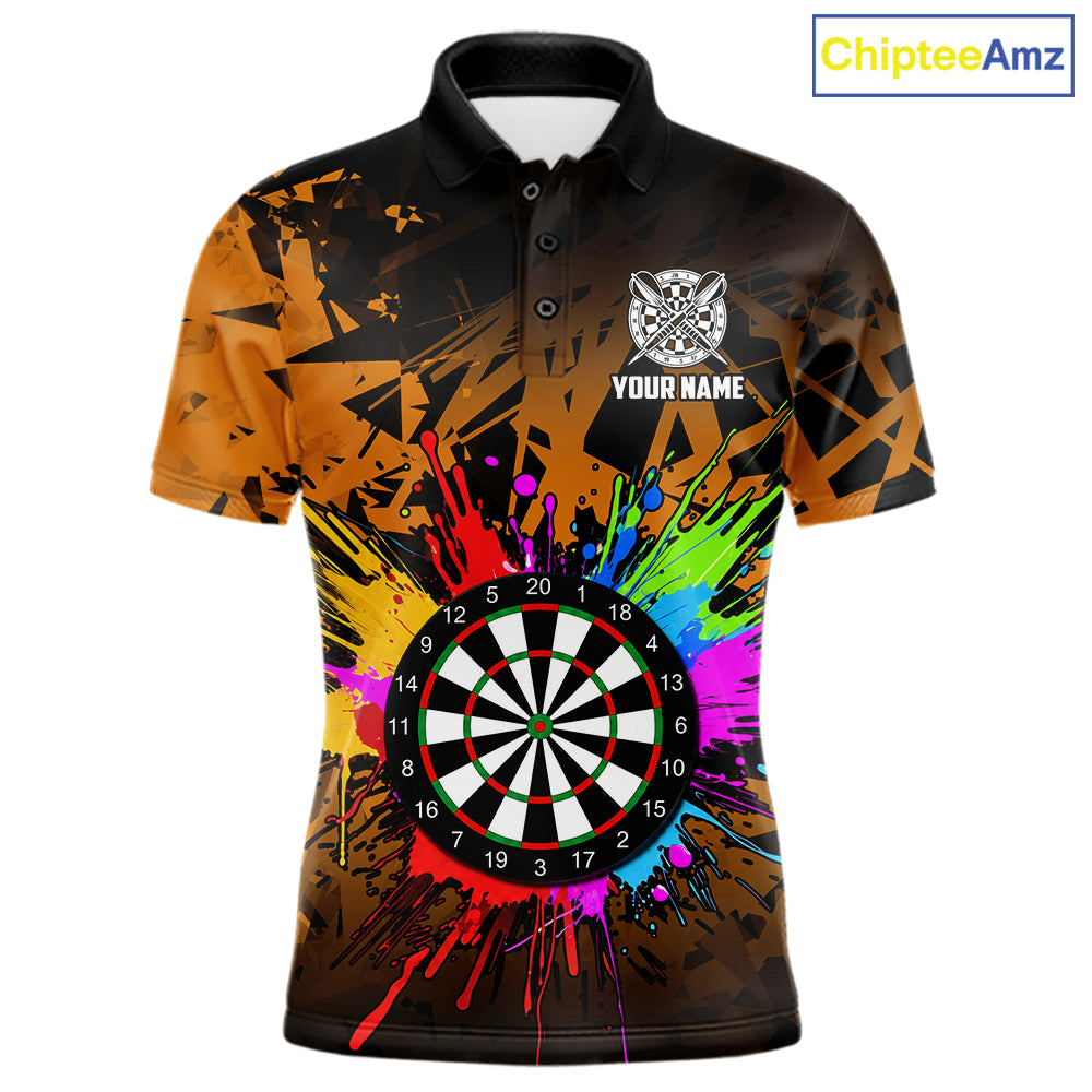 Orange funny dartboard darts shirt for men with colorful bold graphics and casual league style.