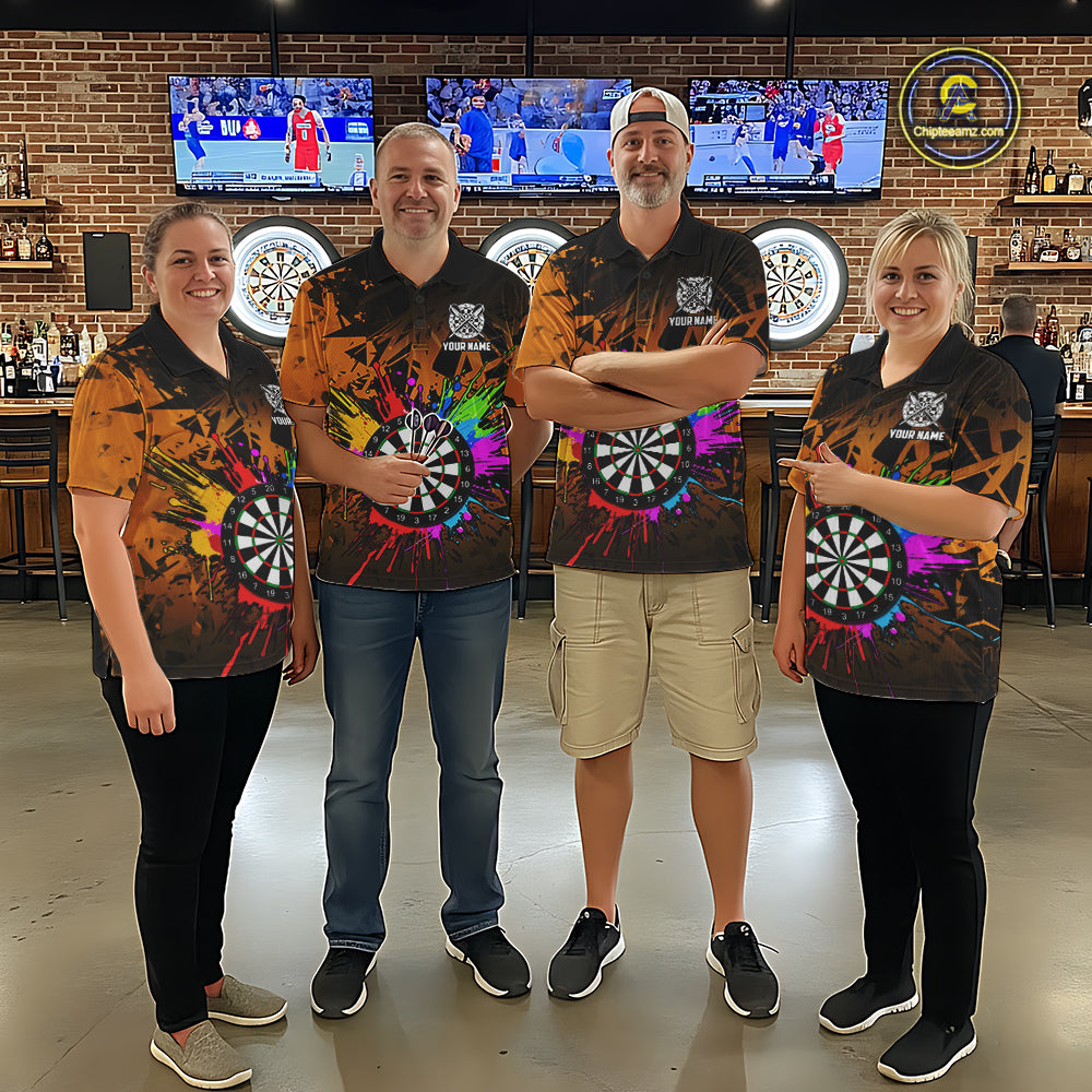 Darts team wearing matching orange dartboard shirts for men during tournament matches front view.