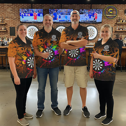 Darts team wearing matching orange dartboard shirts for men during tournament matches front view.
