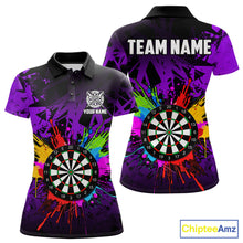 Load image into Gallery viewer, Purple darts polo shirt for women with dartboard design and vibrant casual team aesthetic.