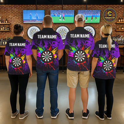 Back view of darts players wearing colorful purple jerseys during competitive league play.