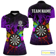 Load image into Gallery viewer, Purple funny dartboard quarter zip shirt for women built for darts tournaments and competitive play.