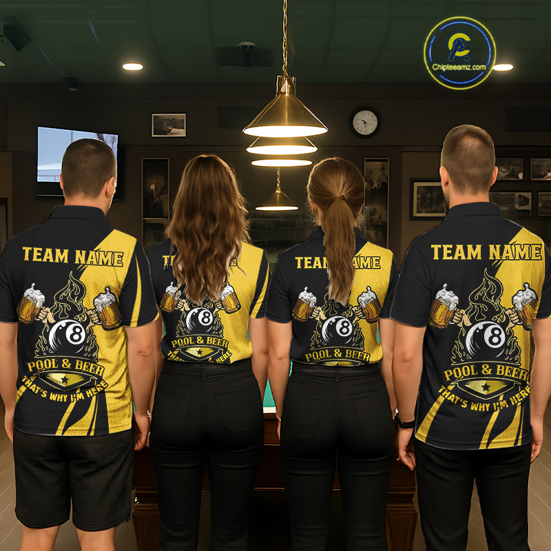 Back view of pool players wearing funny beer themed billiard shirts during game night.