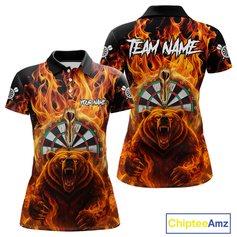 Personalized Orange Flaming Bear Darts Shirt For Women Custom Fire Darts Jersey Team Polo & 1/4 Zip TDM4730