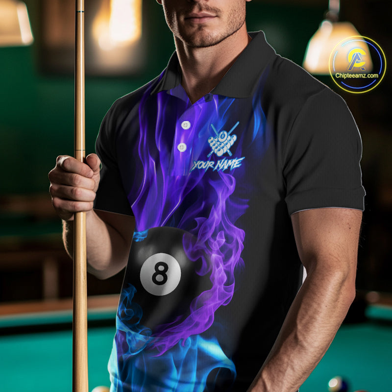 Purple Blue Flaming Smoke 8 Ball Billiard Shirts For Men, Pool Team Shirts Custom Billiard Jersey TDM5141