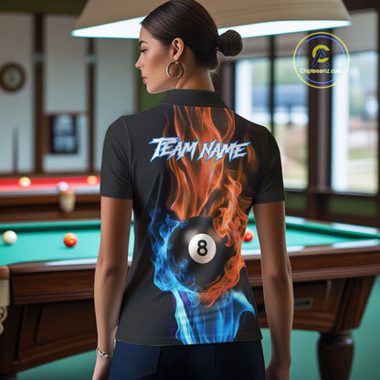 Blue And Orange Flaming Smoke 8 Ball Women's Billiard Shirt, Pool Team Shirts Custom Billiard Jersey TDM5142