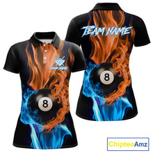 Load image into Gallery viewer, Blue And Orange Flaming Smoke 8 Ball Women's Billiard Shirt, Pool Team Shirts Custom Billiard Jersey TDM5142