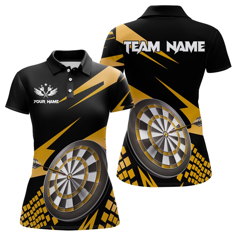 Yellow Black Custom Dart Shirts For Women, Personalized 3D Darts Board Dart Jerseys Polo & 1/4 Zip TDM3140