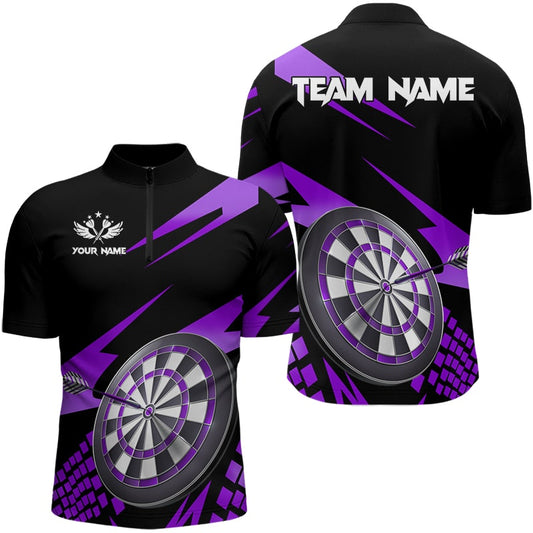 Purple Black Custom Dart Shirts For Men, Personalized 3D Darts Board Dart Jerseys Polo & 1/4 Zip TDM3141