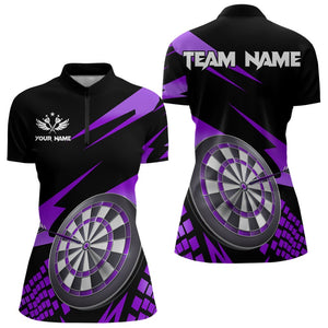 Purple Black Custom Dart Shirts For Women, Personalized 3D Darts Board Dart Jerseys Polo & 1/4 Zip TDM3141