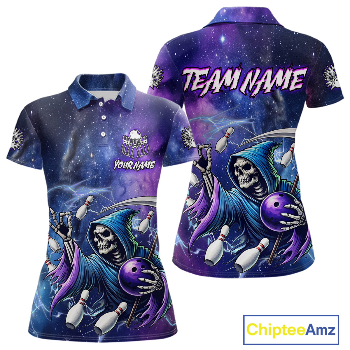 Funny Grim Reaper Blue Purple Galaxy Bowling Shirt For Women Custom Glowing Bowling Jersey Outfit TDM5862