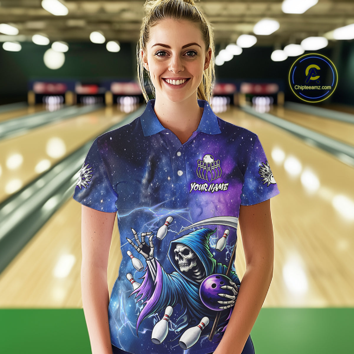 Funny Grim Reaper Blue Purple Galaxy Bowling Shirt For Women Custom Glowing Bowling Jersey Outfit TDM5862
