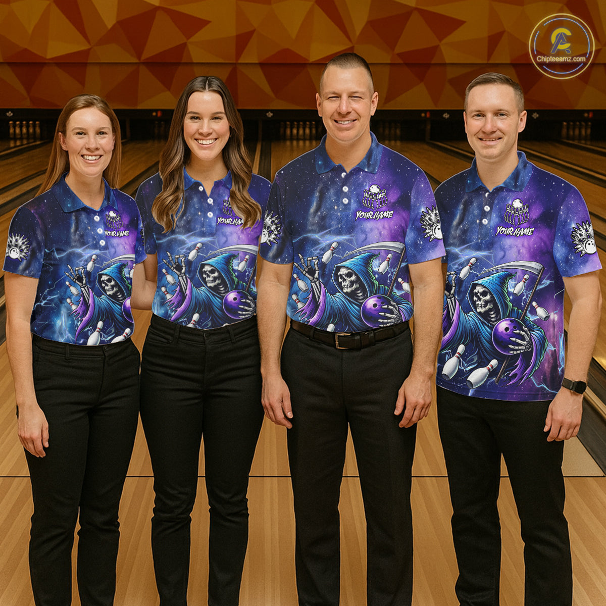 Funny Grim Reaper Blue Purple Galaxy Bowling Shirt For Men Custom Glowing Bowling Jersey Outfit TDM5862