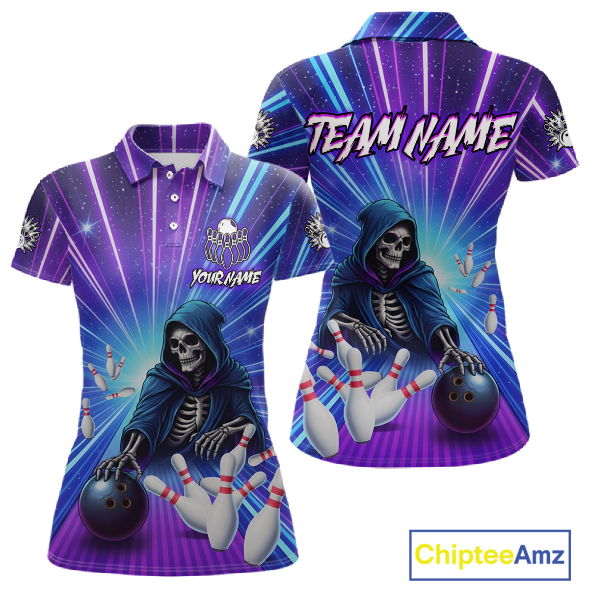 Funny Grim Reaper Blue Purple Neon Bowling Shirt For Women Custom Lighting Bowling Team Jersey TDM5863