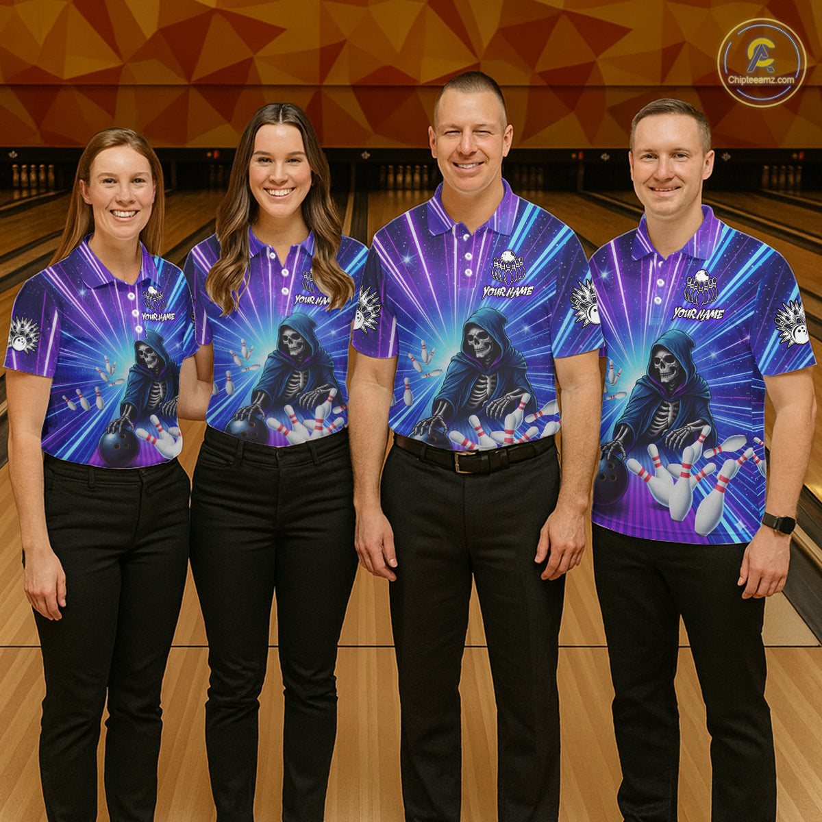 Funny Grim Reaper Blue Purple Neon Bowling Shirt For Men Custom Lighting Bowling Team Jersey TDM5863