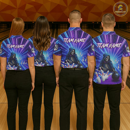 Funny Grim Reaper Blue Purple Neon Bowling Shirt For Men Custom Lighting Bowling Team Jersey TDM5863
