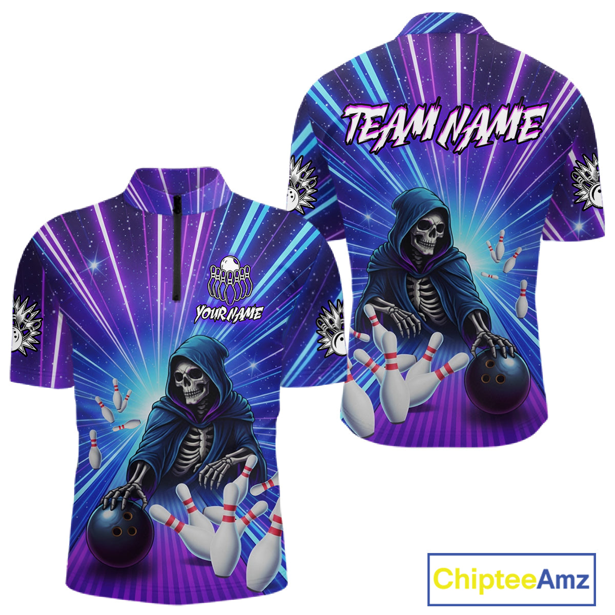 Funny Grim Reaper Blue Purple Neon Bowling Shirt For Men Custom Lighting Bowling Team Jersey TDM5863