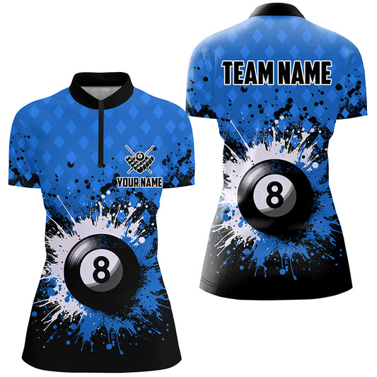 Personalized Blue Grunge 8 Ball Pool Women Quarter-Zip Shirts, Billiard Team Jerseys Uniform TDM1184
