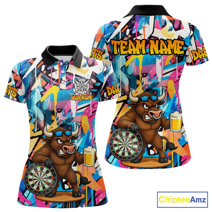 Funny Bull Colorful Graffiti Darts Shirt For Women Custom Darts Team Jersey Polo & 1/4 Zip TDM6465