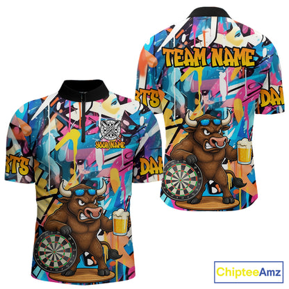 Funny Bull Colorful Graffiti Darts Shirt For Men Custom Darts Team Jersey Polo & 1/4 Zip TDM6465