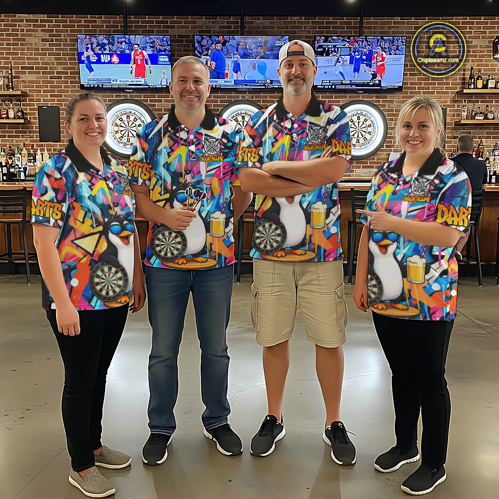 Funny Penguin Colorful Graffiti Darts Shirt For Women Custom Darts Team Jersey Polo & 1/4 Zip TDM6466