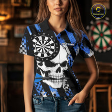 Load image into Gallery viewer, Woman wearing a blue camo skull darts jersey at a darts venue front view.