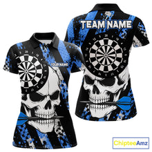 Load image into Gallery viewer, Blue camo stripes skull darts polo shirt for women with custom league team graphics.