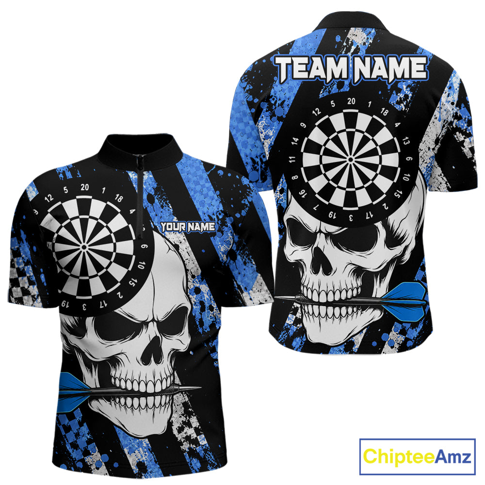 Blue camo stripes skull darts quarter zip shirt for men built for league tournaments and team events.