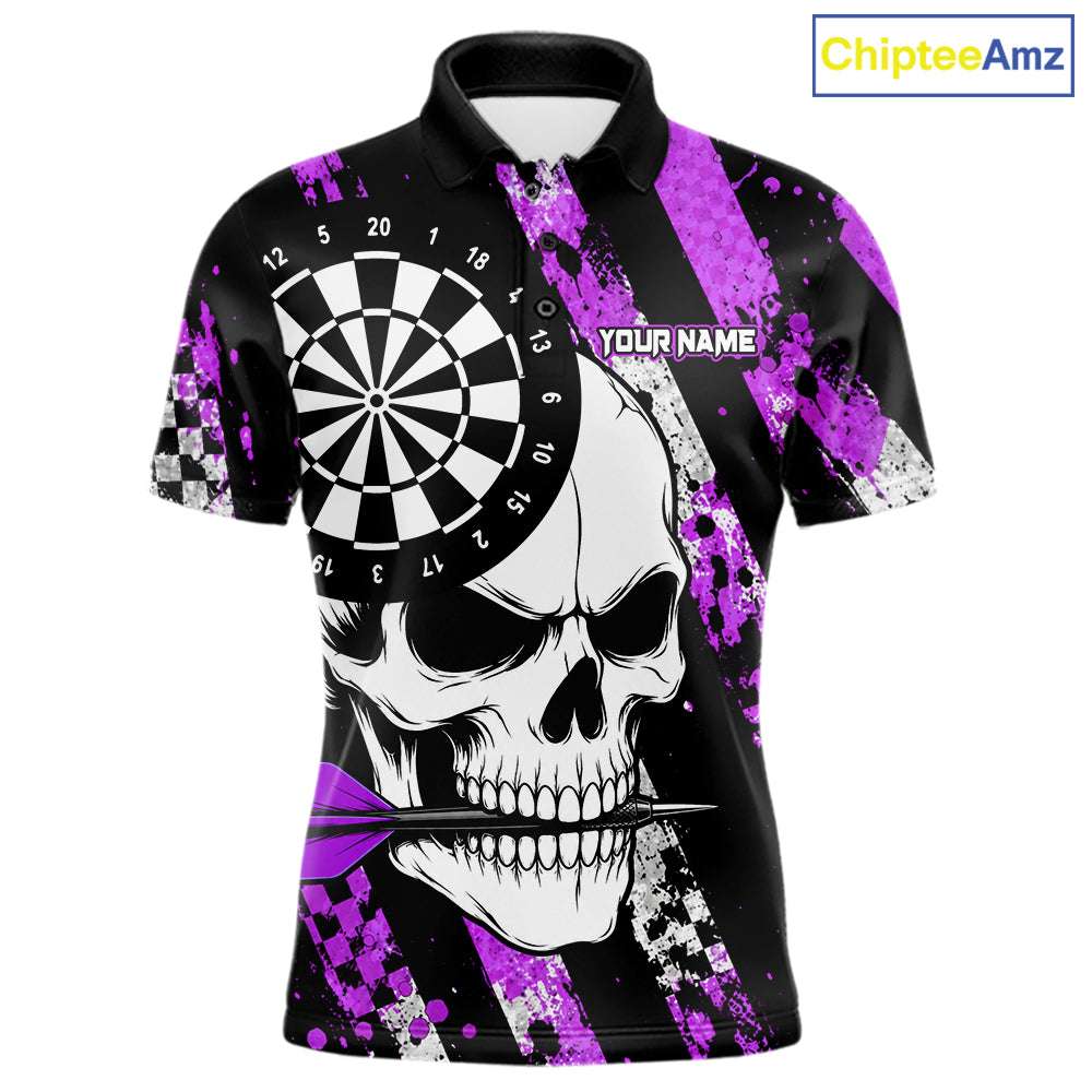 Purple camo stripes skull darts polo shirt for men with custom league team graphics.