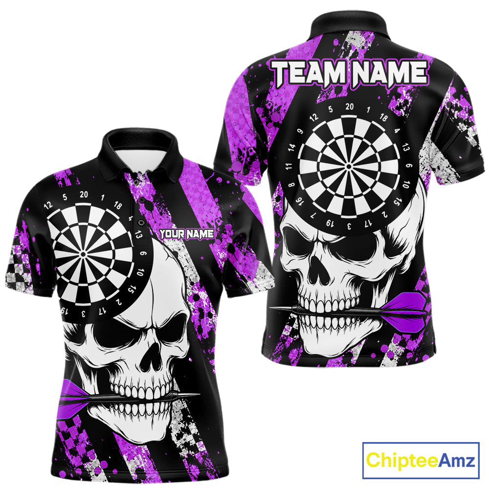 Purple camo stripes skull darts polo shirt for men with custom league team graphics.