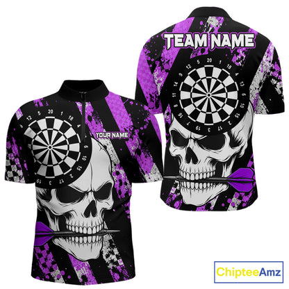 Purple camo stripes skull darts quarter zip shirt for men designed for tournaments and team competition.
