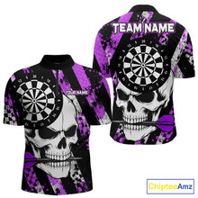 Load image into Gallery viewer, Purple camo stripes skull darts quarter zip shirt for men designed for tournaments and team competition.