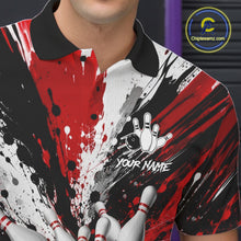 Load image into Gallery viewer, Close-up of a red splatter bowling polo shirt collar, buttons, and bowling ball design.