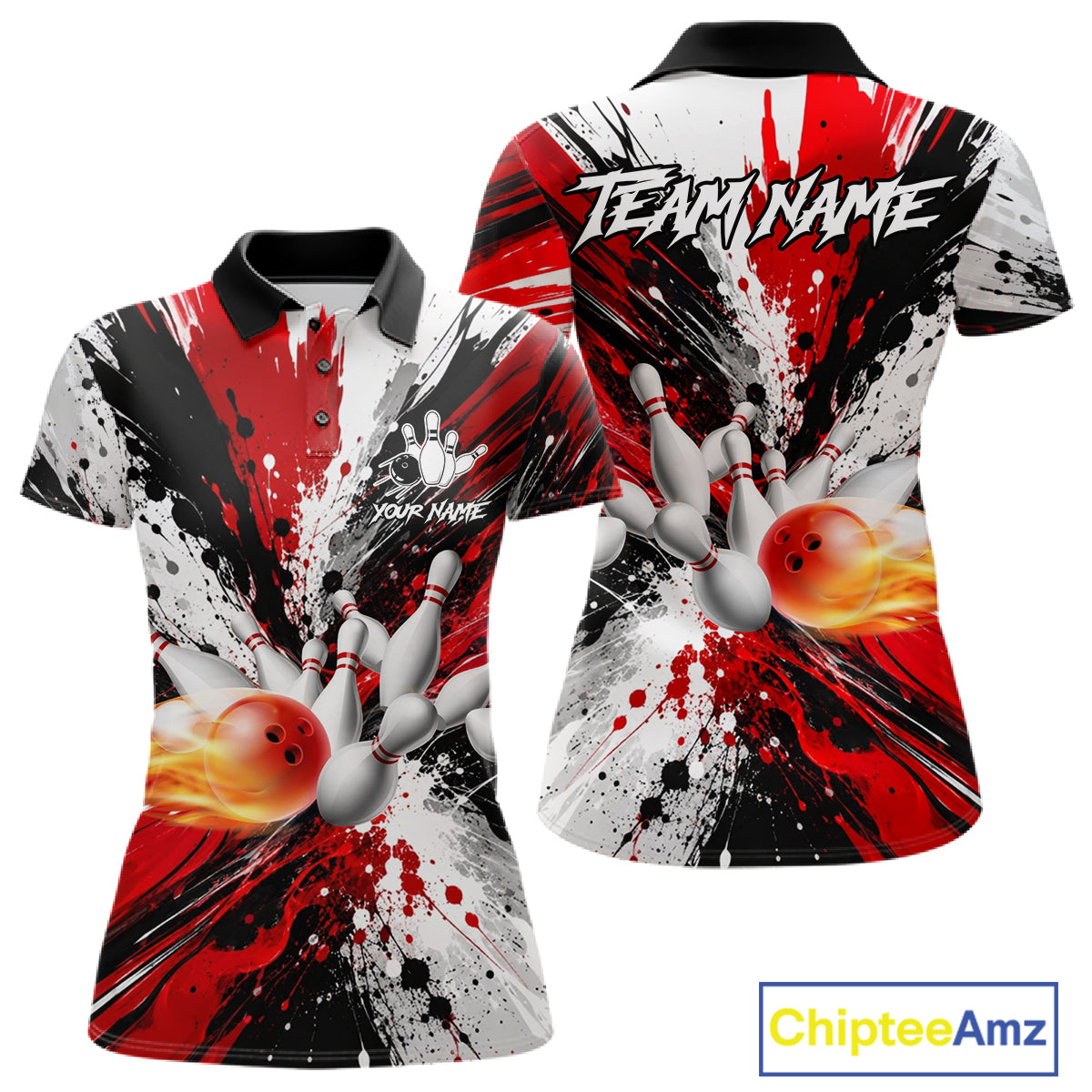 Red splatter bowling ball and pins bowling polo shirt for women with custom bowling team graphics.