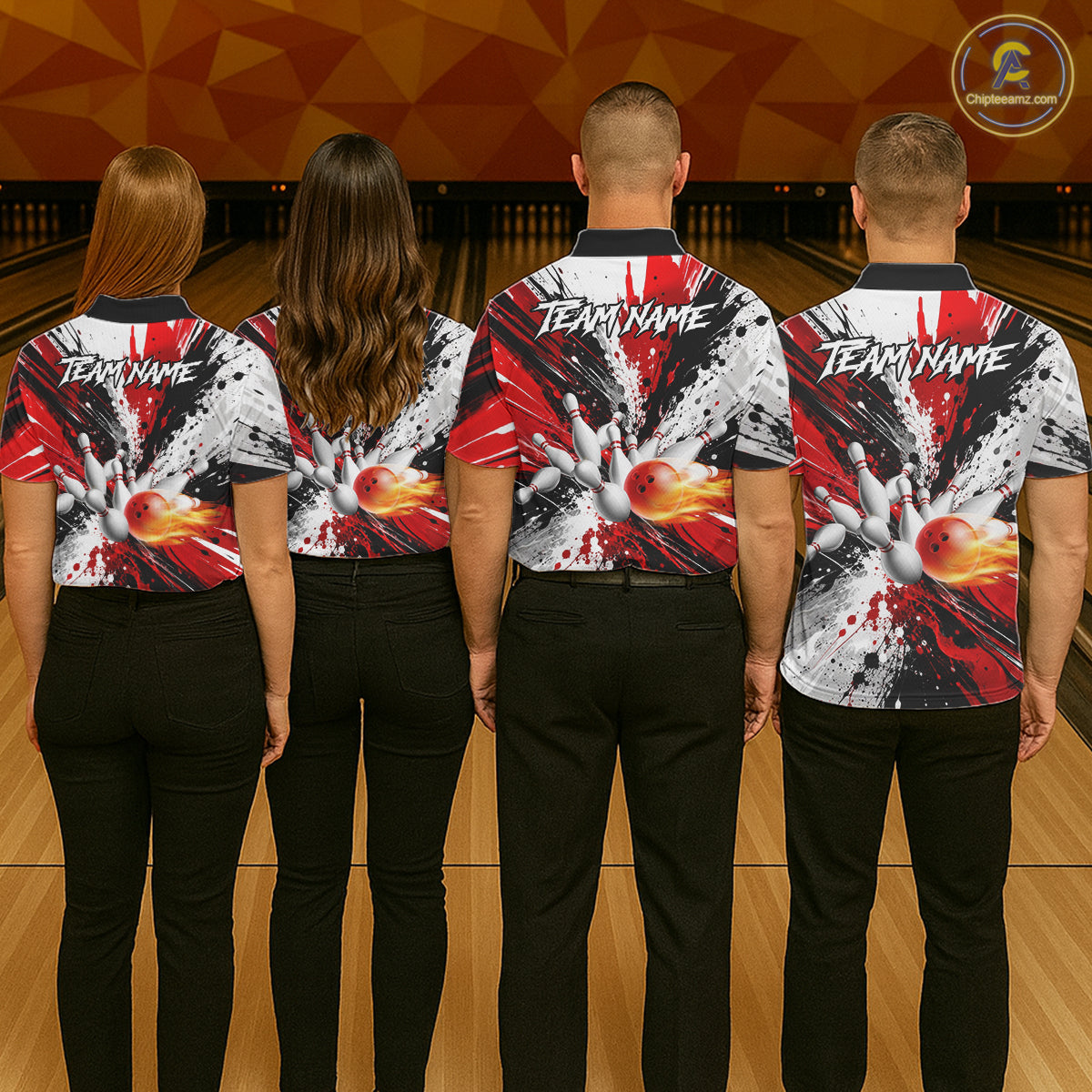 Back view of bowling team wearing matching red splatter bowling shirts in a bowling alley.